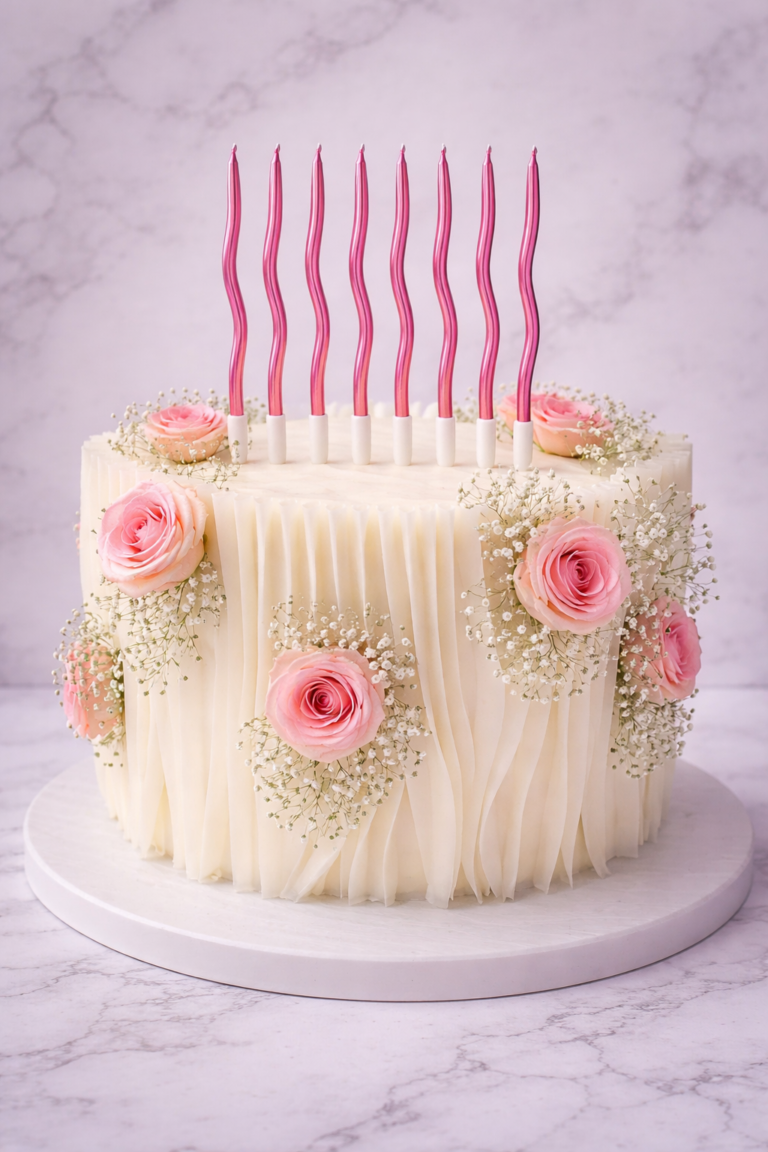 Pastel elegante con velas metálicas y rosas