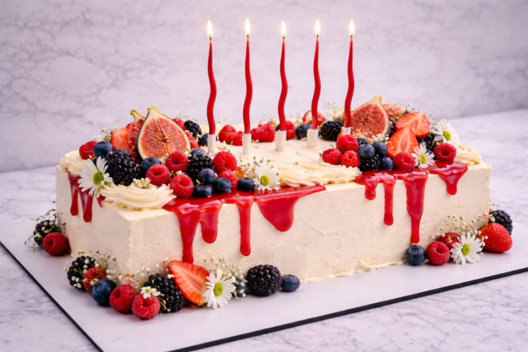 Pastel y frutas frescas con velas