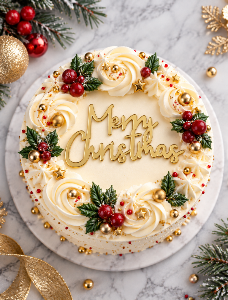 Pastel navideño dorado sobre mármol
